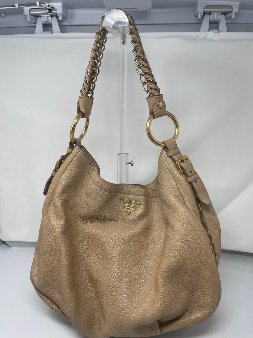 Prada Cervo Lux leather hobo bag beige